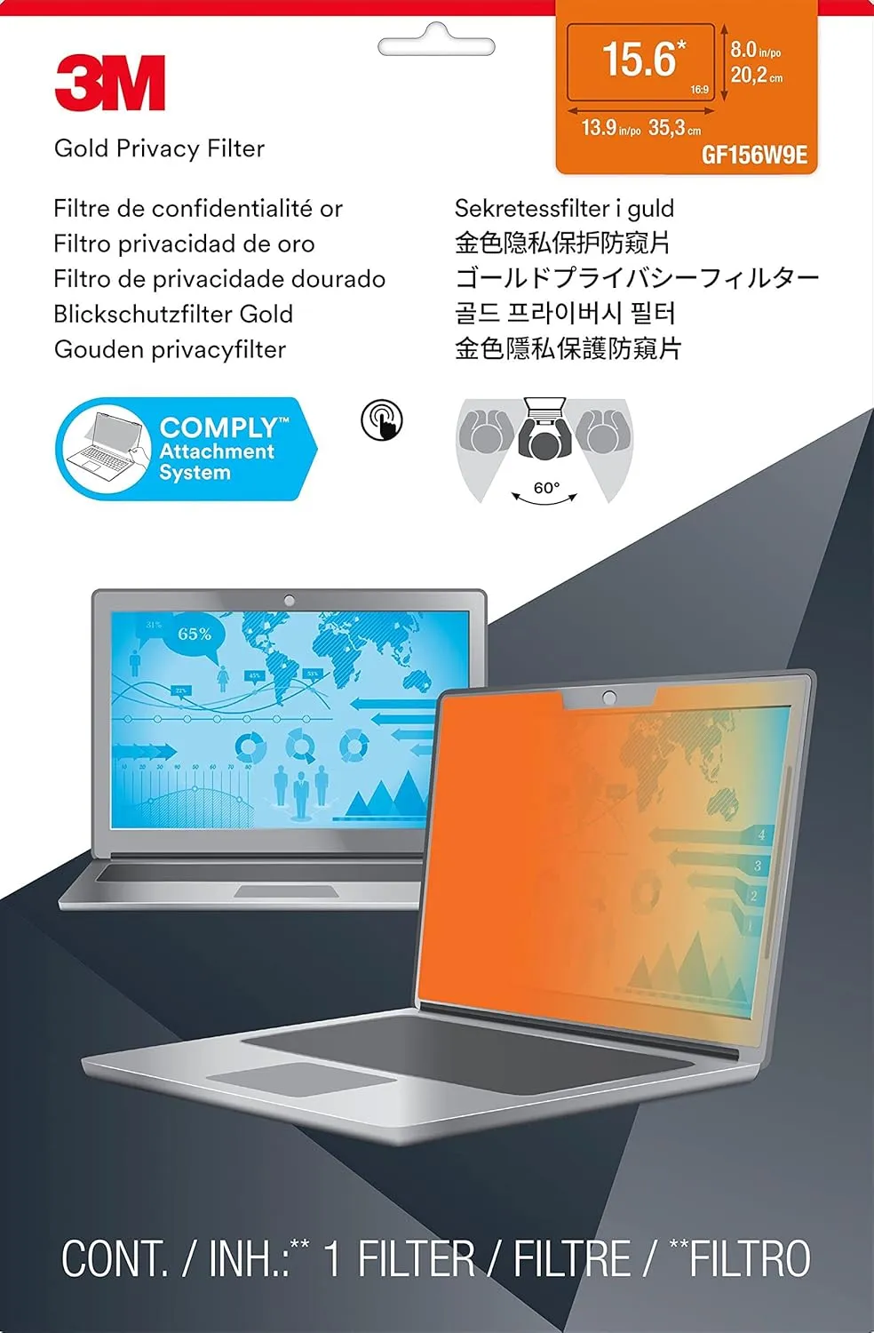 3M Gold Privacy Filter For Full Screen 15.6in Widescreen Laptop With Comply Attachment System GF156W9E