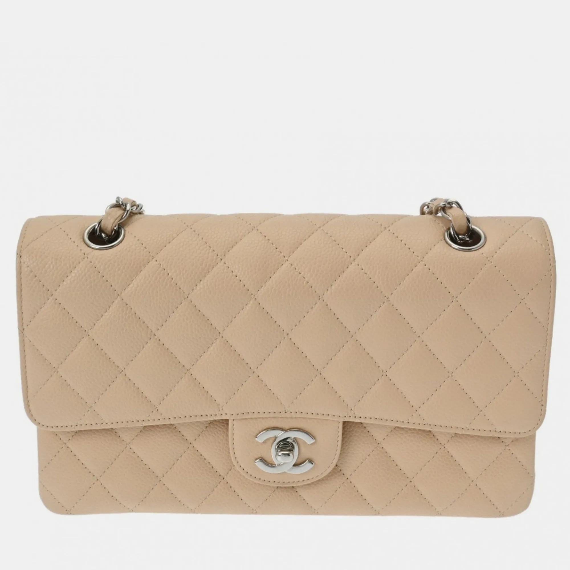 Beige Caviar Skin Matelasse Chain Shoulder Double Flap 25cm Bag
