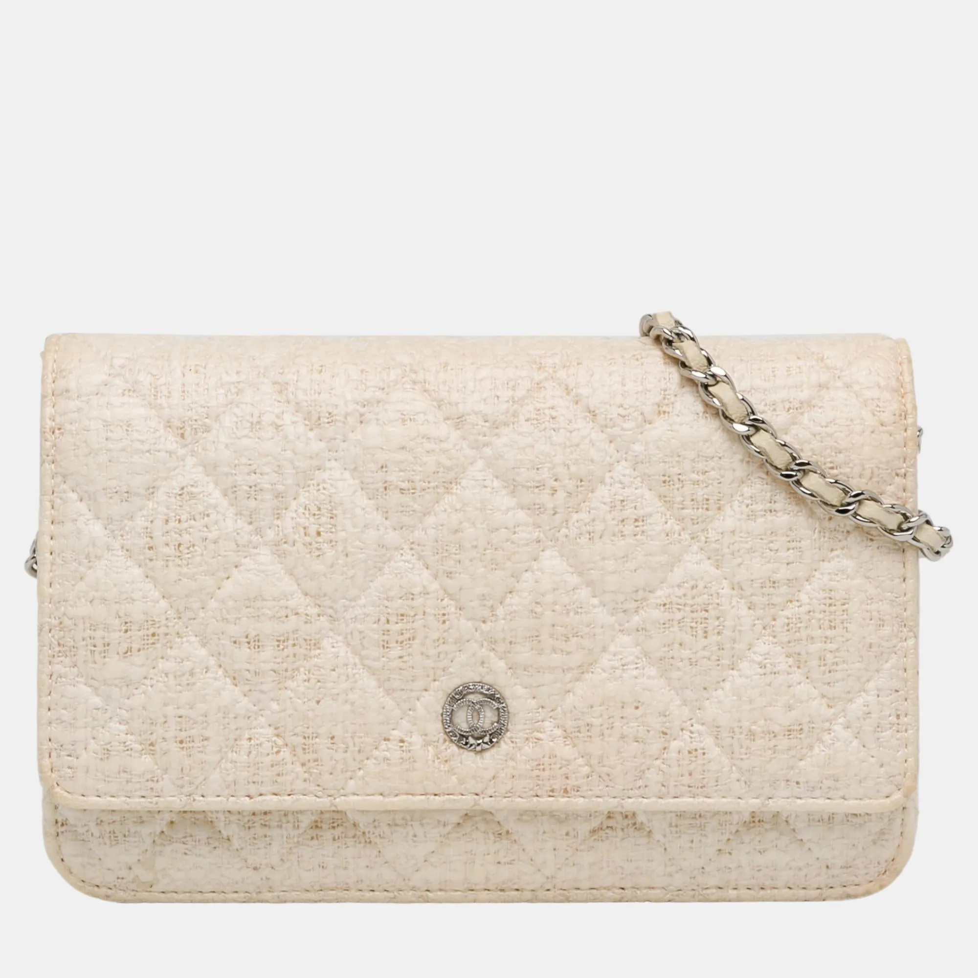Beige CC Coated Tweed Wallet On Chain
