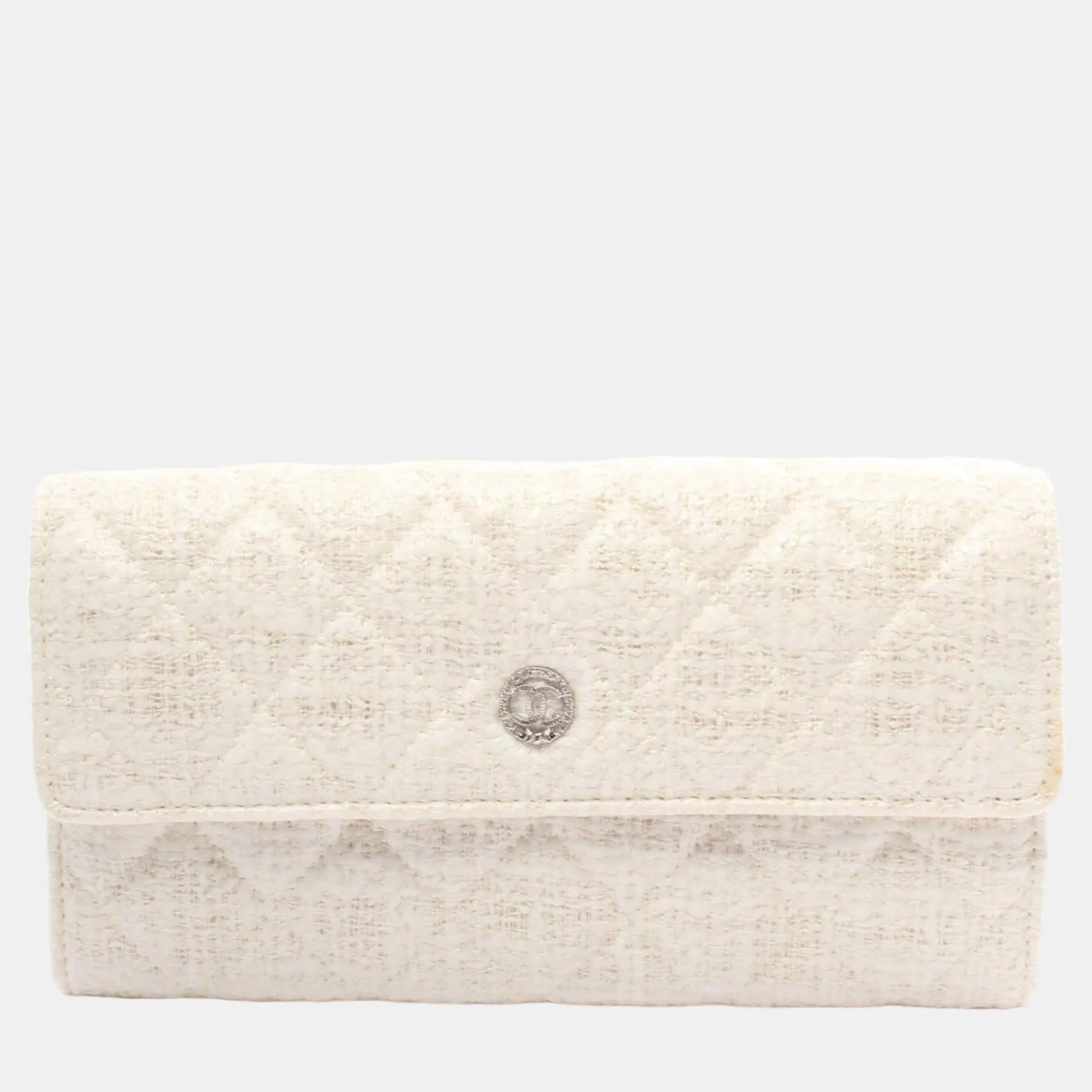 Beige CC Coated Tweed Wallet On Chain