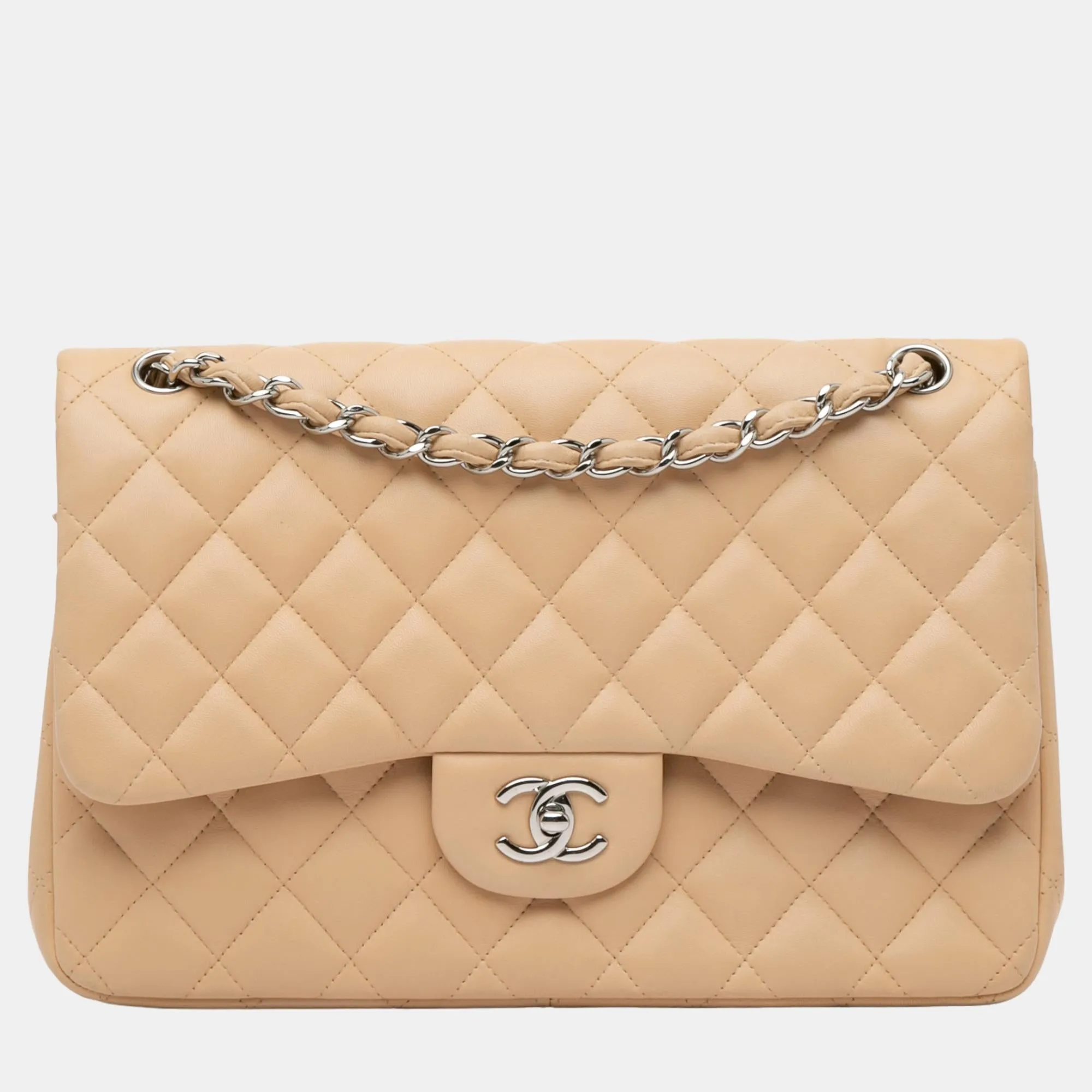 Beige Jumbo Classic Lambskin Double Flap