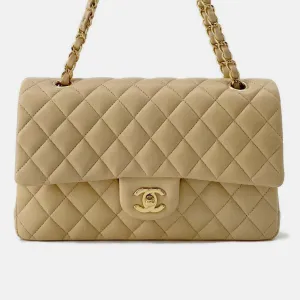 Beige Leather Medium Classic Double Flap Shoulder Bags