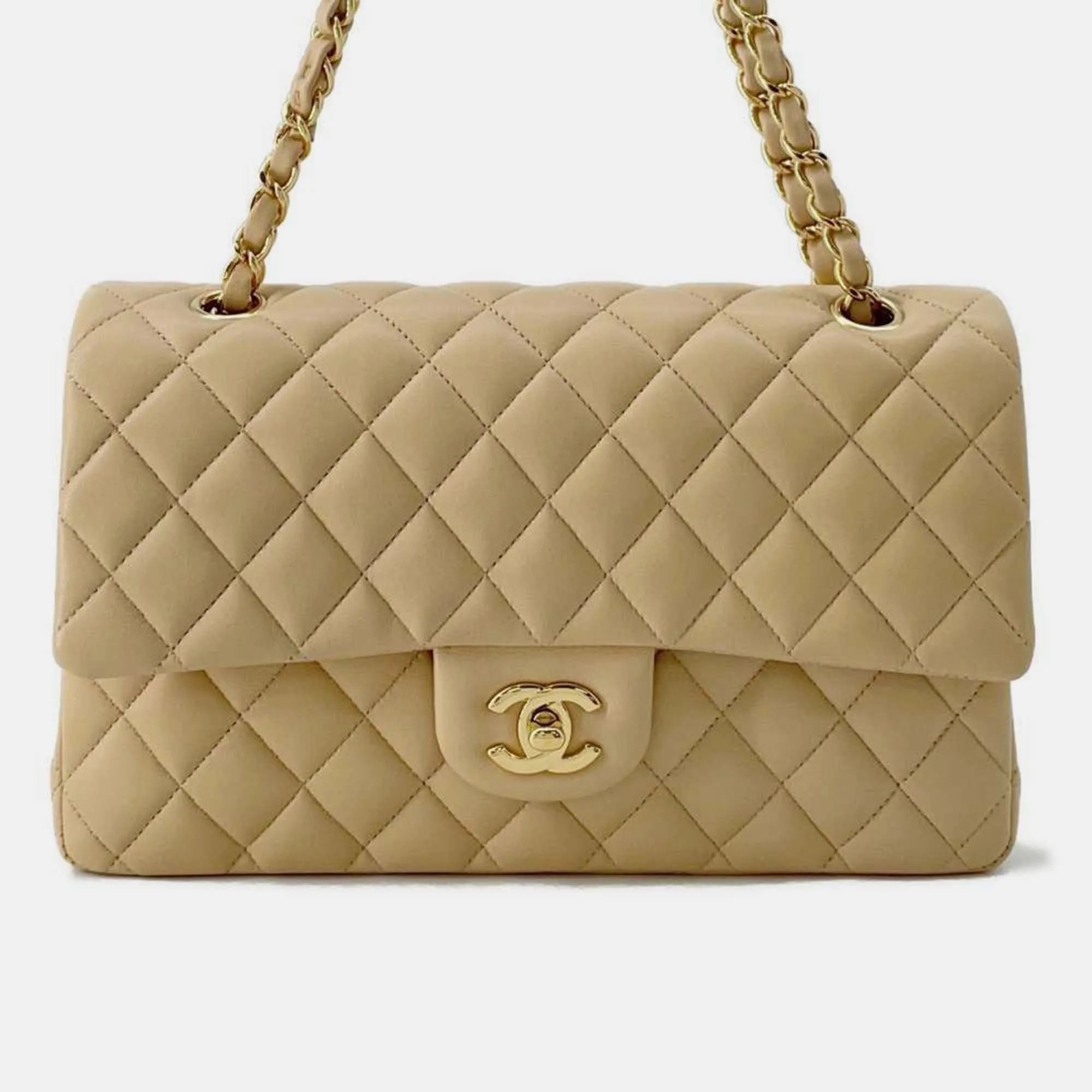 Beige Leather Medium Classic Double Flap Shoulder Bags