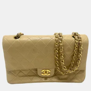 Beige Leather Medium Classic Double Flap Shoulder Bags