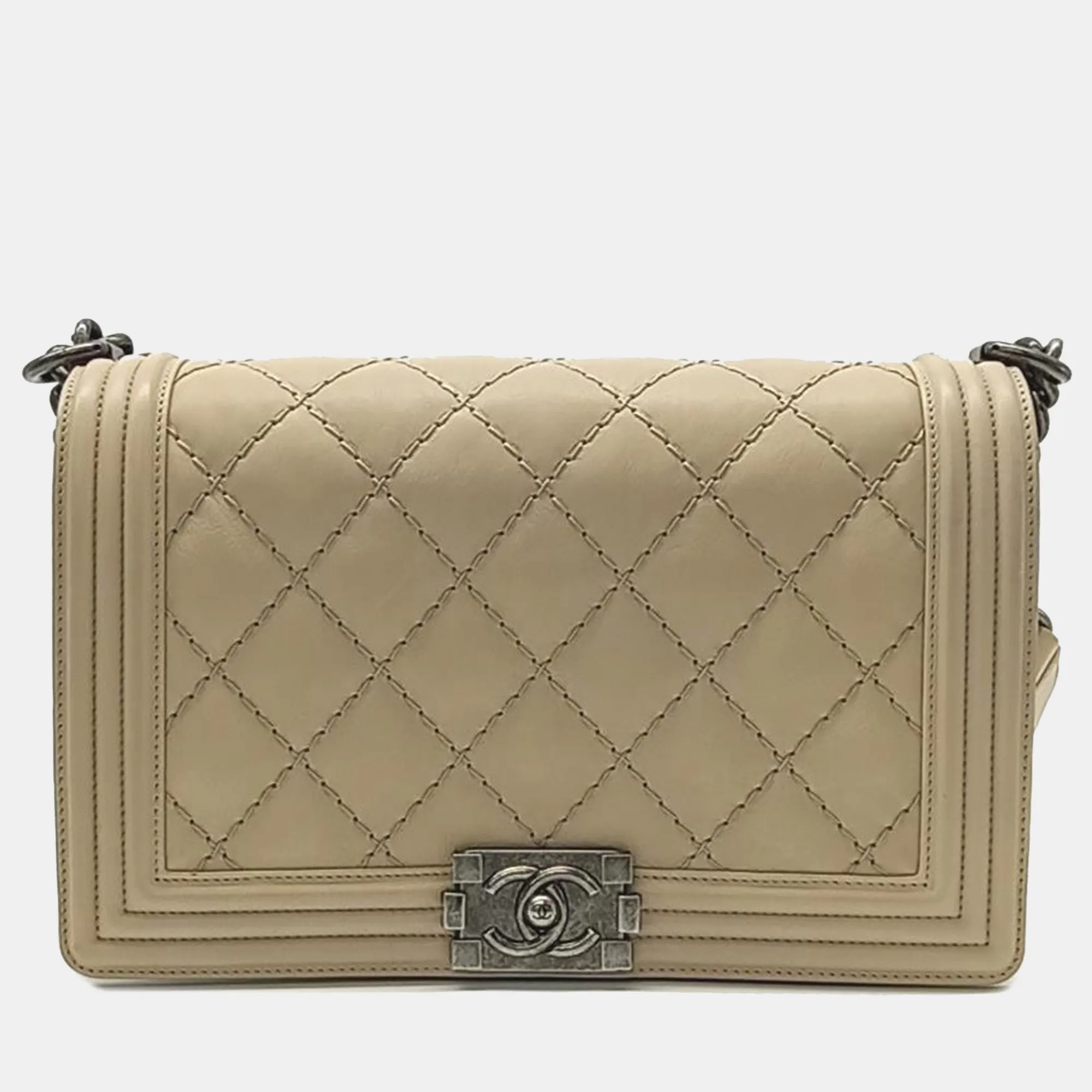 Beige Leather Medium Stitch Boy Bag