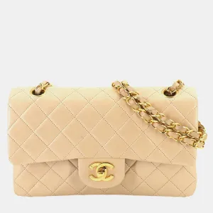 Beige Leather Small Classic Double Flap Bag