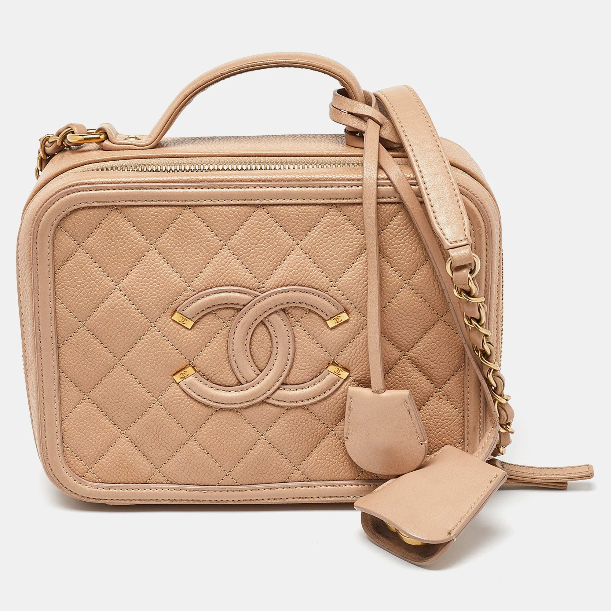 Beige Quilted Caviar Leather Medium CC Filigree Vanity Case Bag