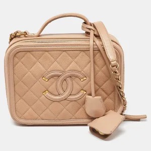 Beige Quilted Caviar Leather Medium CC Filigree Vanity Case Bag