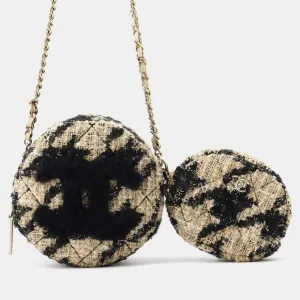 Beige/Black Tweed Round CC Chain Shoulder Bag