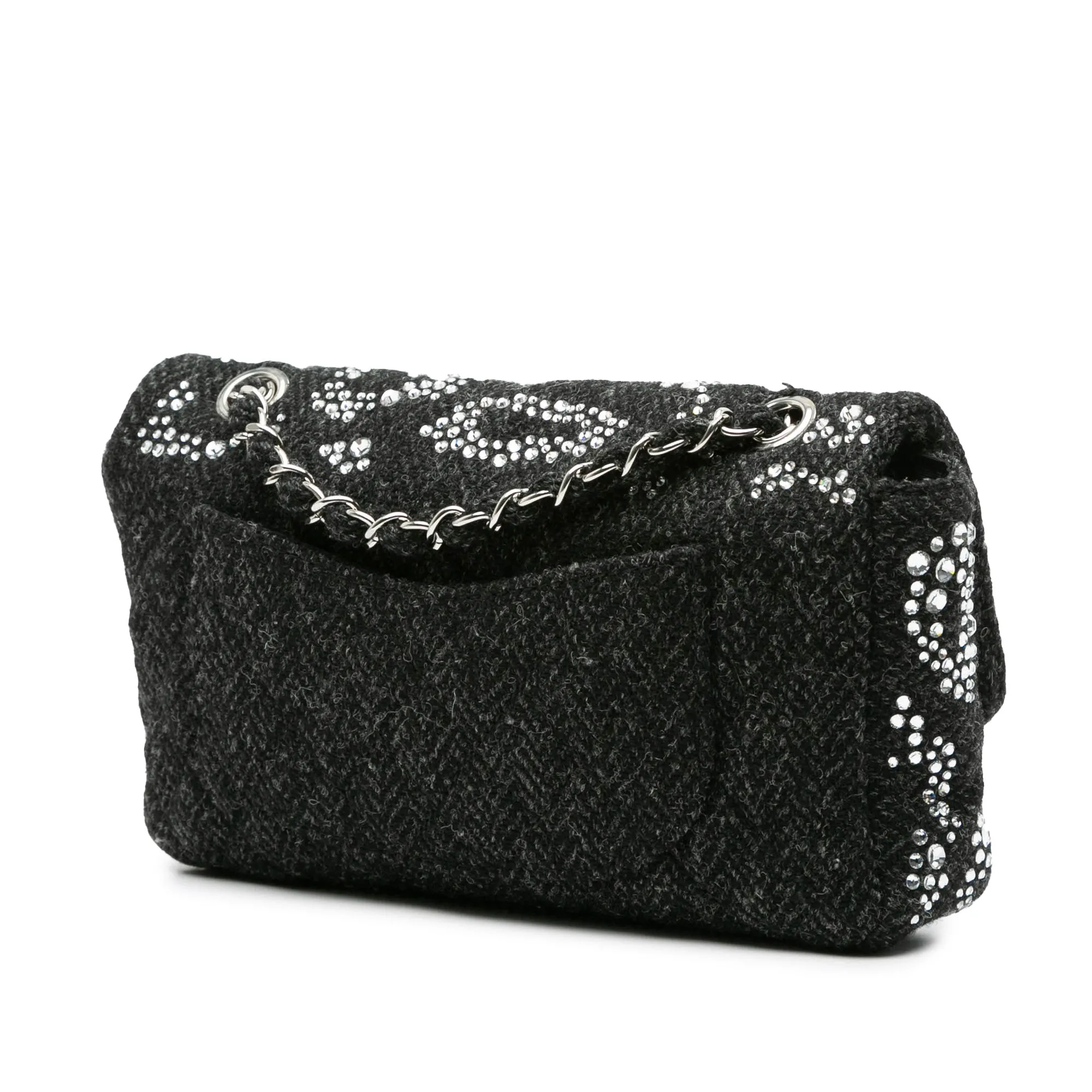 Black Chanel Medium Strass Embellished Tweed Single Flap Shoulder Bag
