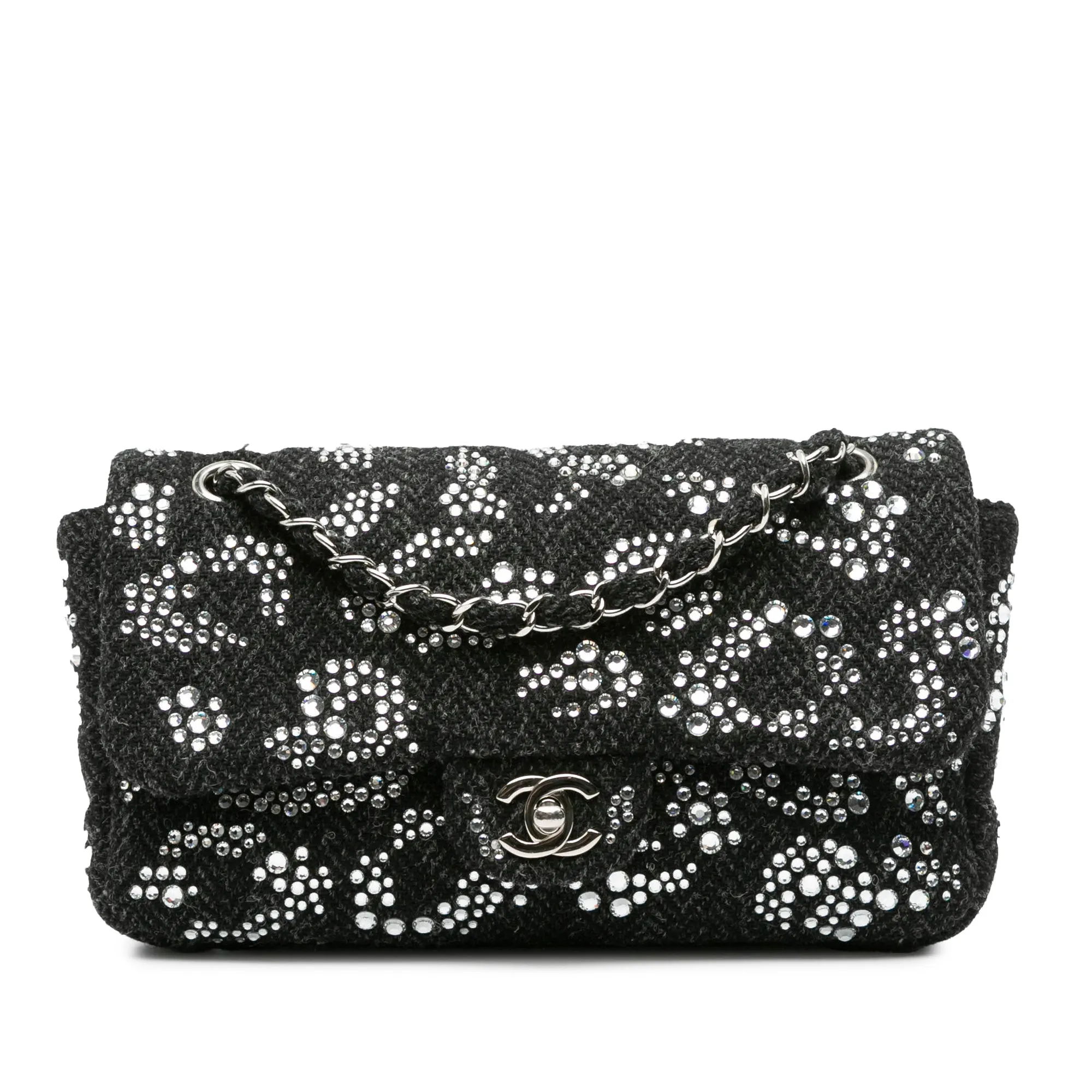 Black Chanel Medium Strass Embellished Tweed Single Flap Shoulder Bag