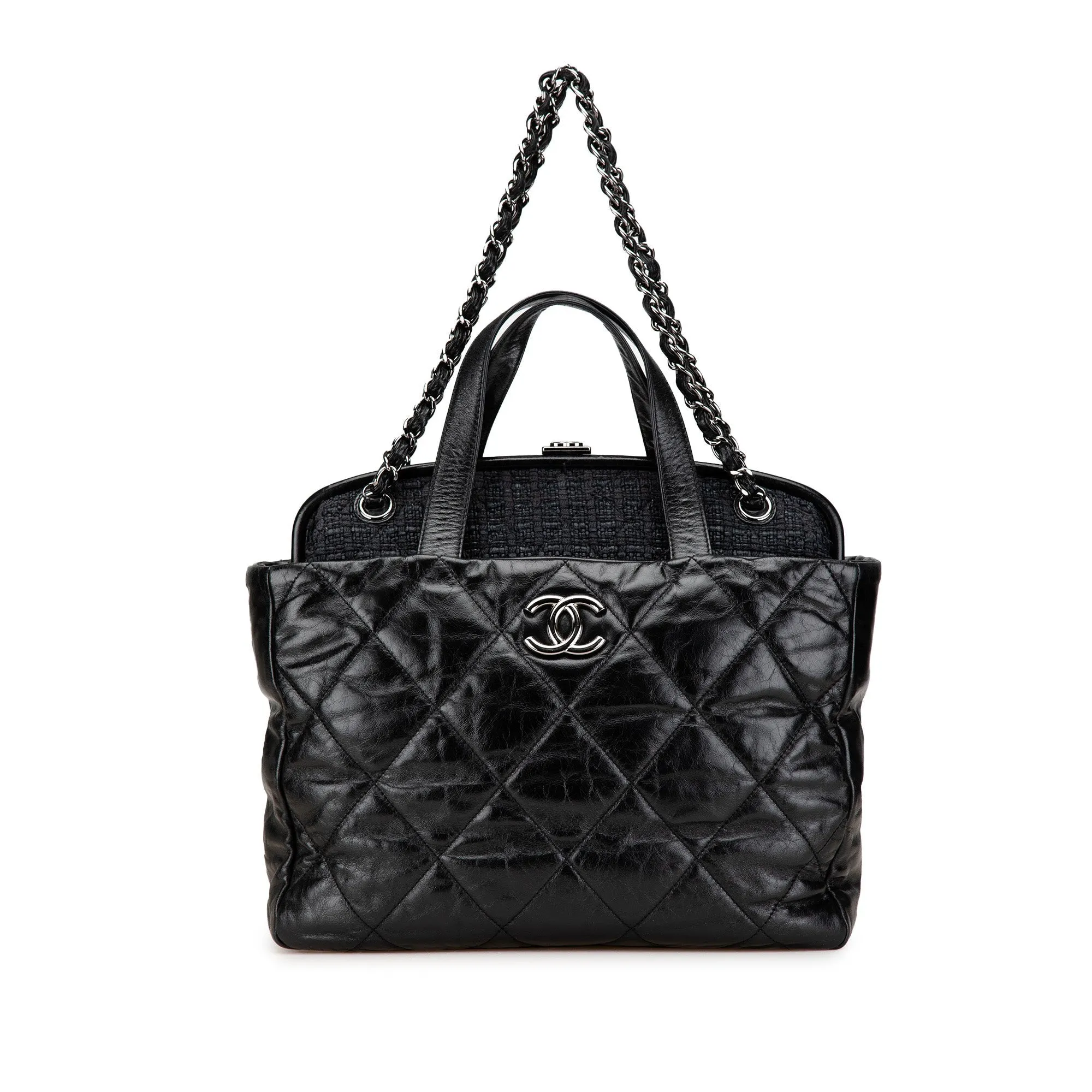 Black Chanel Quilted Glazed Calfskin and Tweed Portobello Frame Satchel