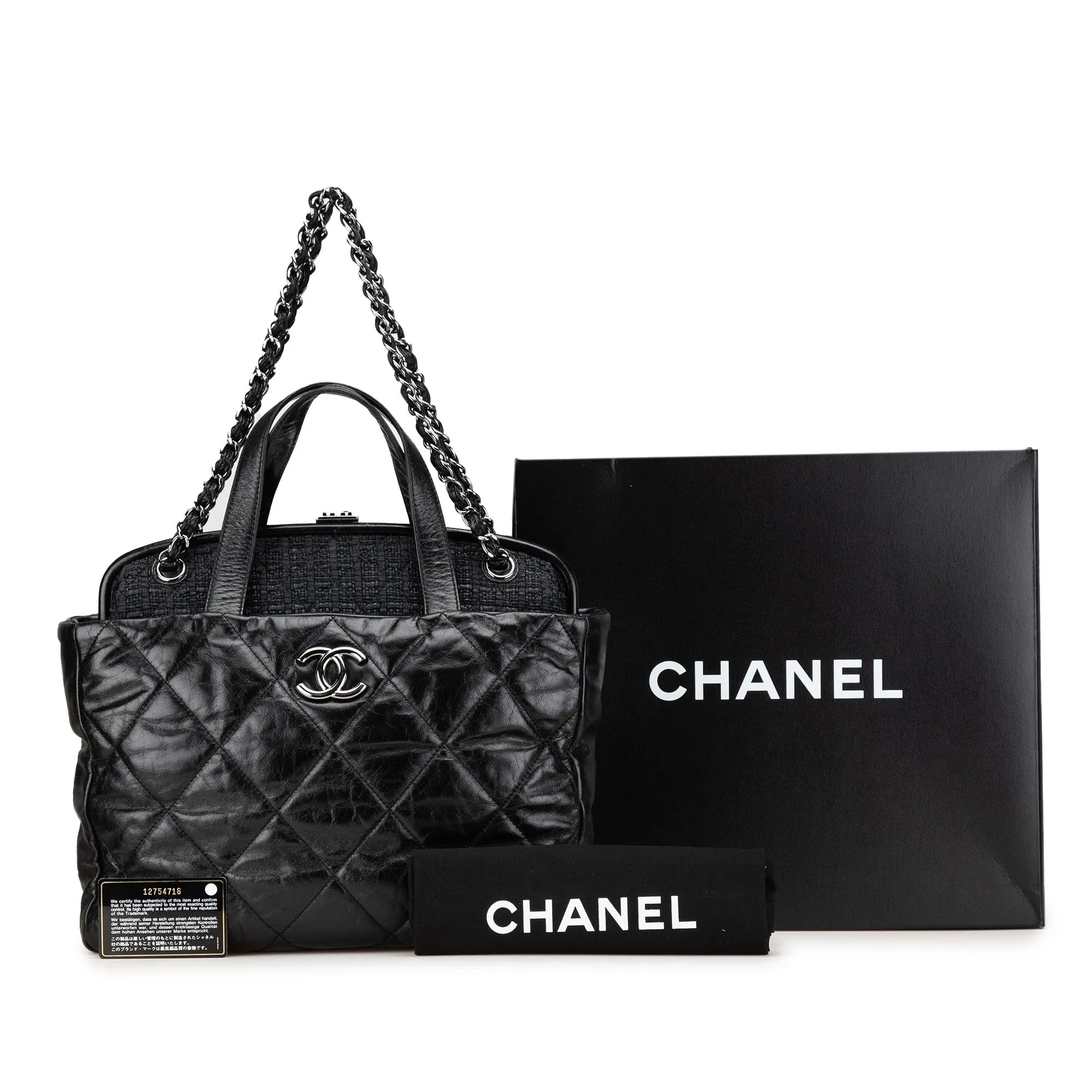 Black Chanel Quilted Glazed Calfskin and Tweed Portobello Frame Satchel