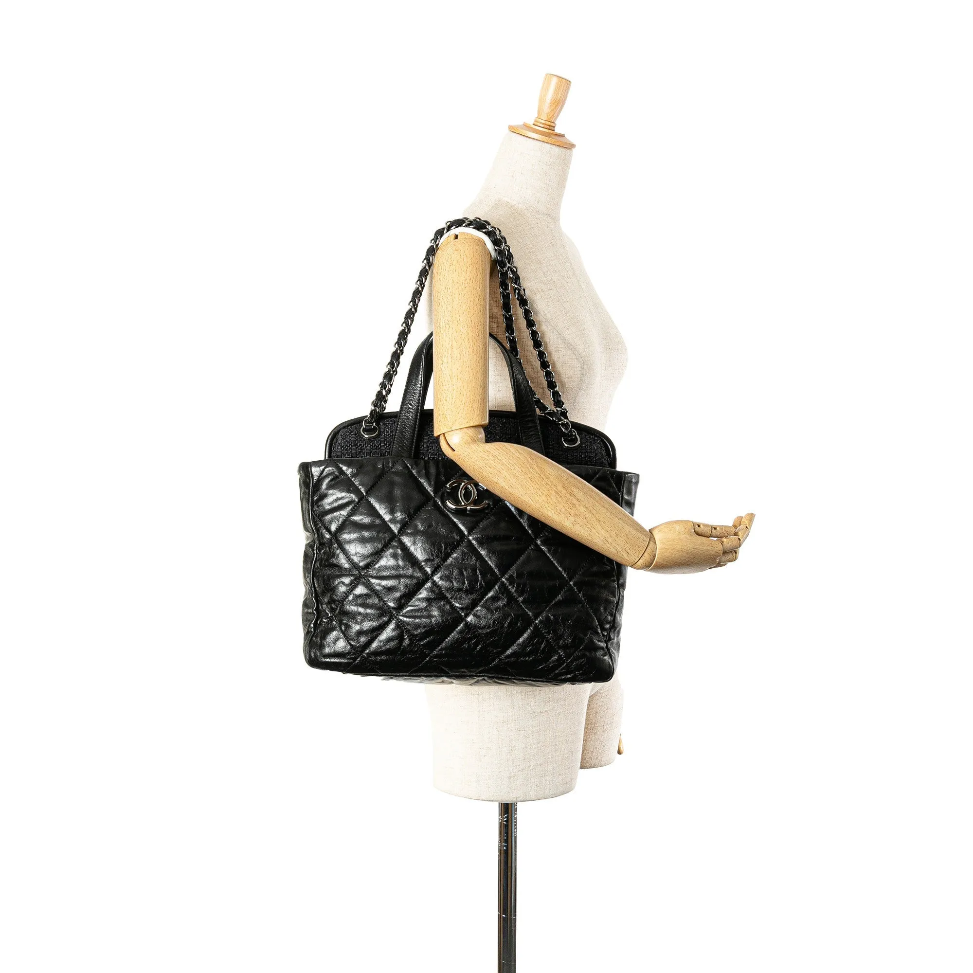 Black Chanel Quilted Glazed Calfskin and Tweed Portobello Frame Satchel