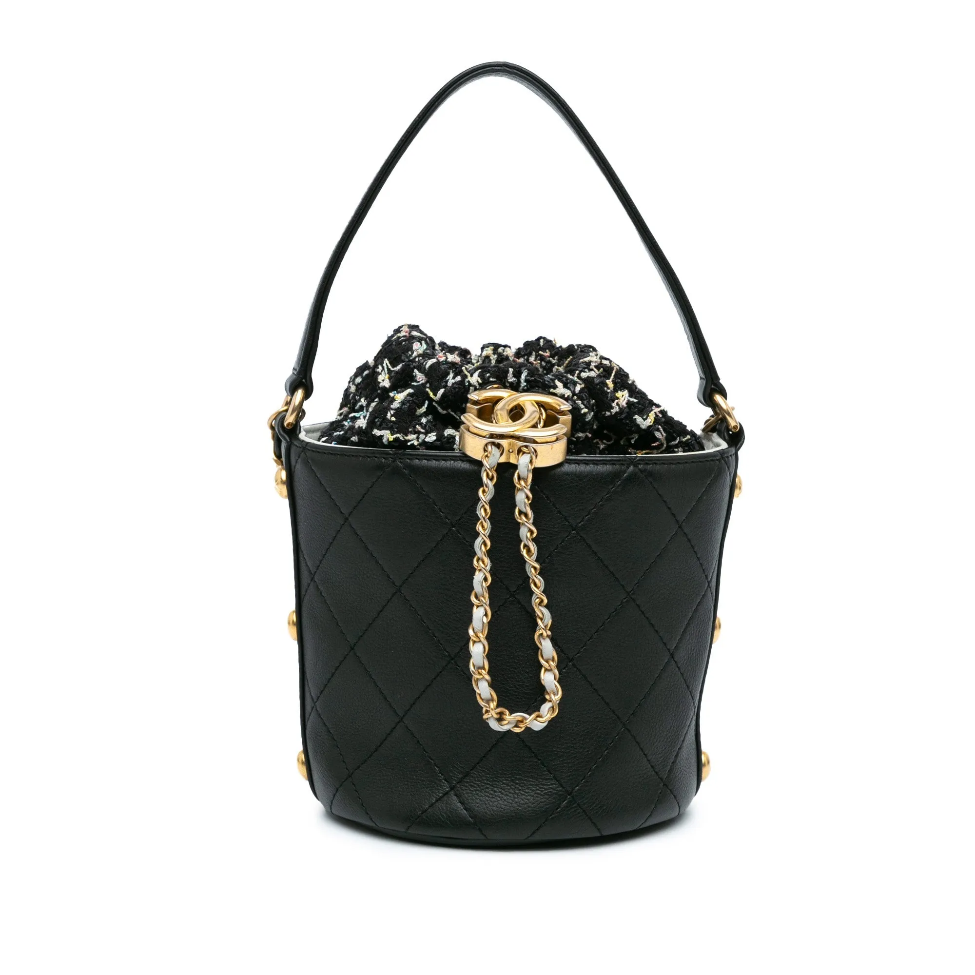 Black Chanel Small CC Calfskin and Tweed Drawstring Bucket Bag Satchel