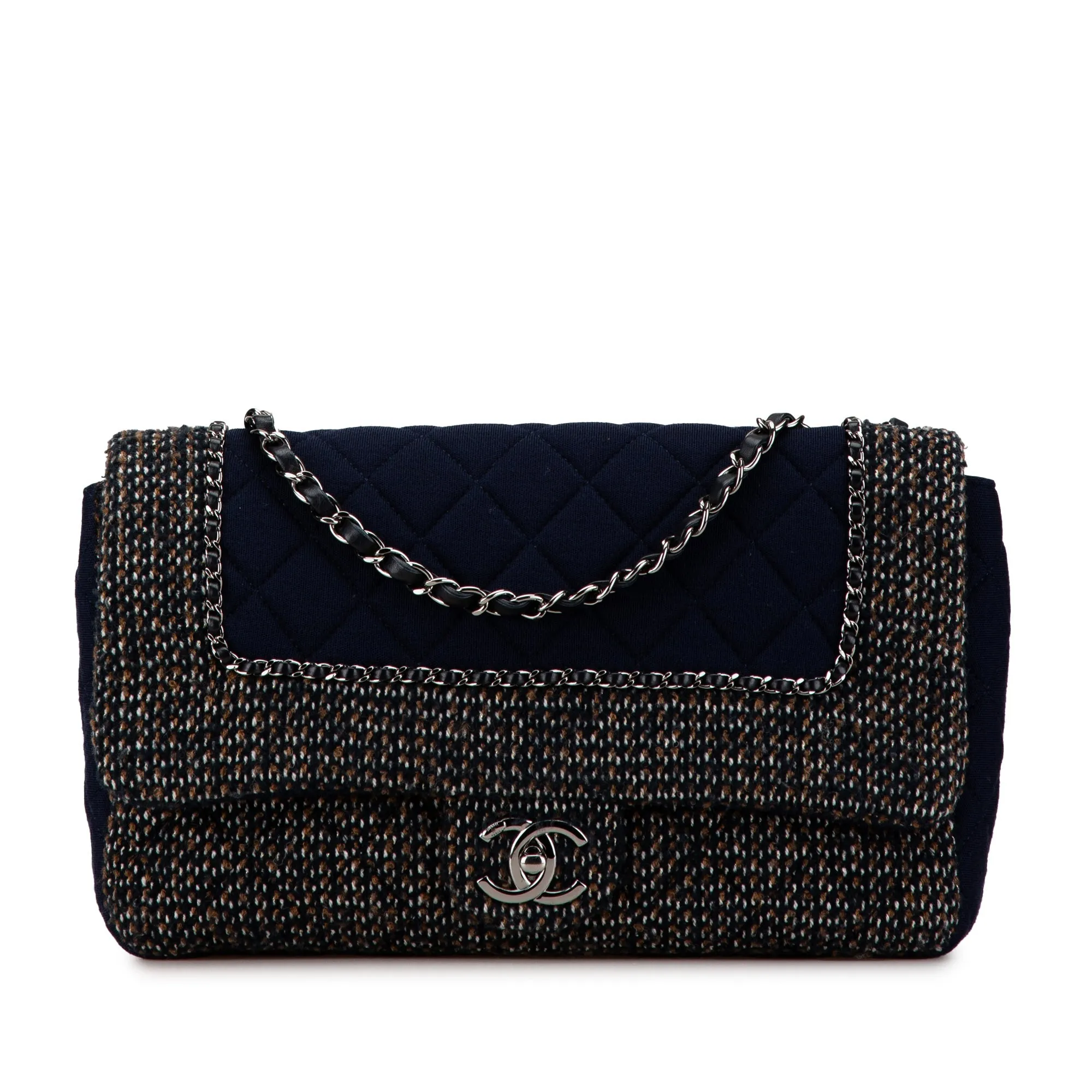 Blue Chanel Jumbo Quilted Jersey and Tweed Chain Flap Shoulder Bag