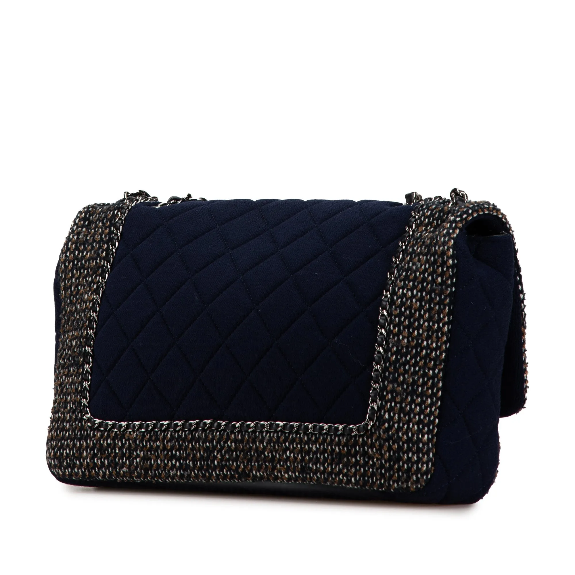 Blue Chanel Jumbo Quilted Jersey and Tweed Chain Flap Shoulder Bag