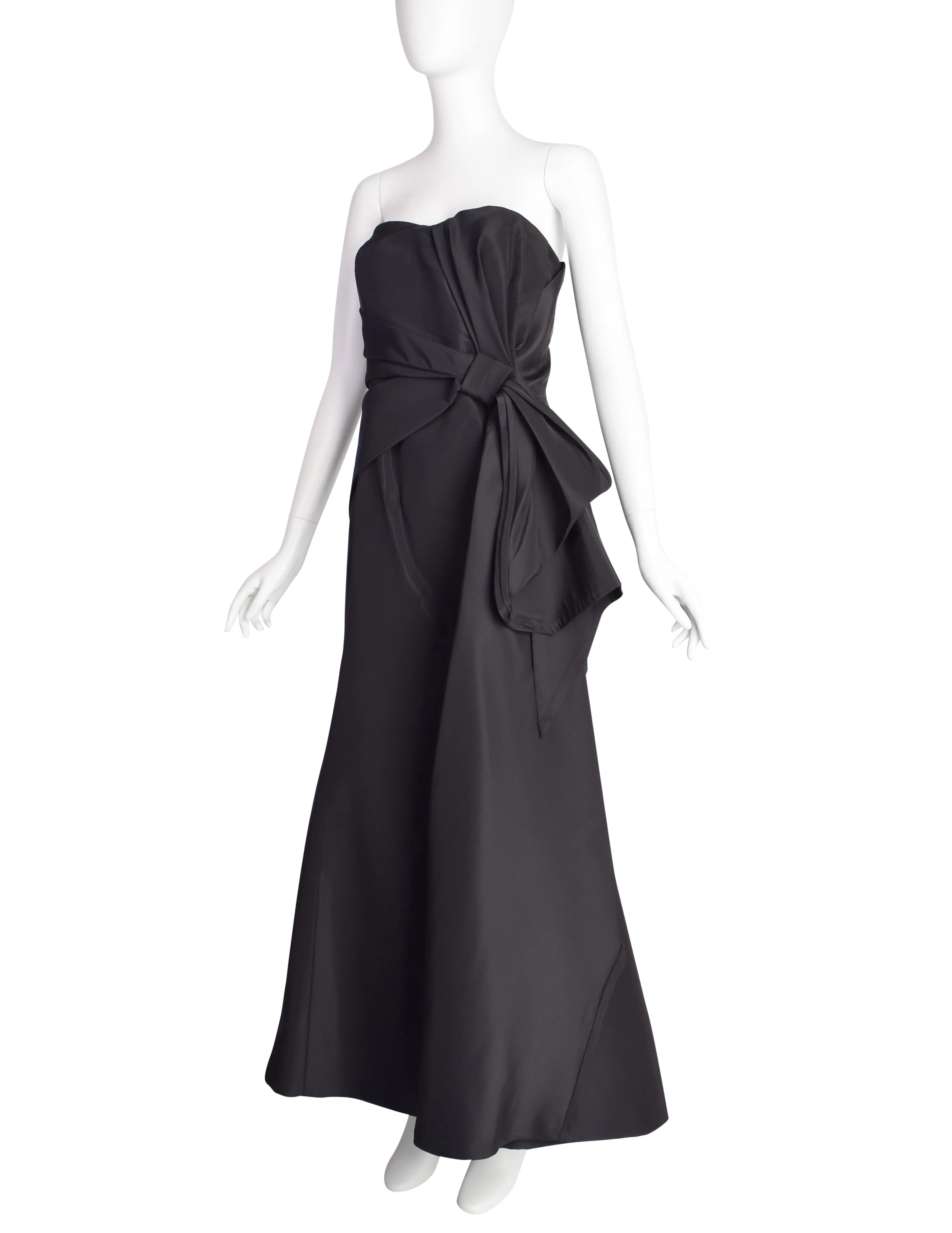 Carolina Herrera Vintage Black Silk Faille Gathered Knot Evening Gown