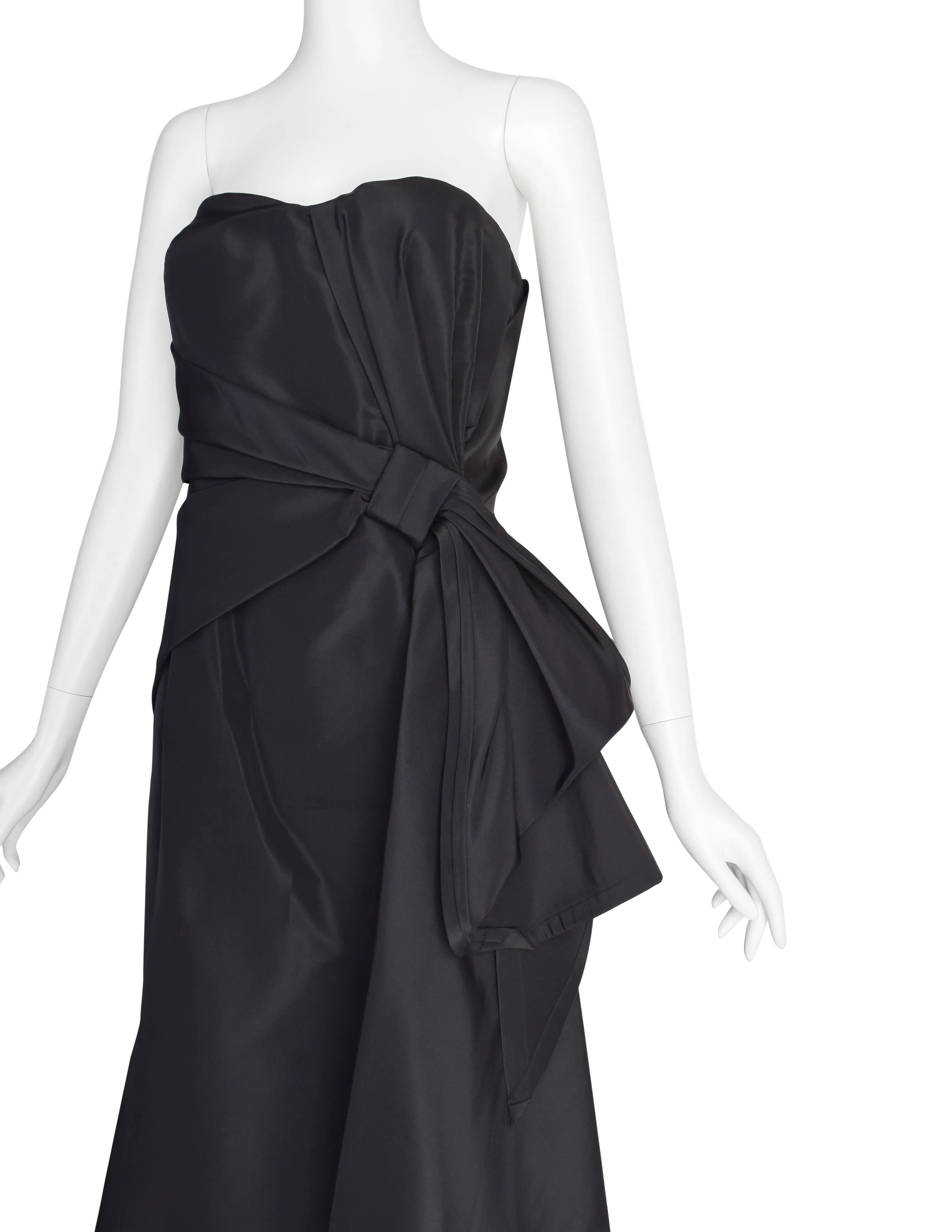 Carolina Herrera Vintage Black Silk Faille Gathered Knot Evening Gown