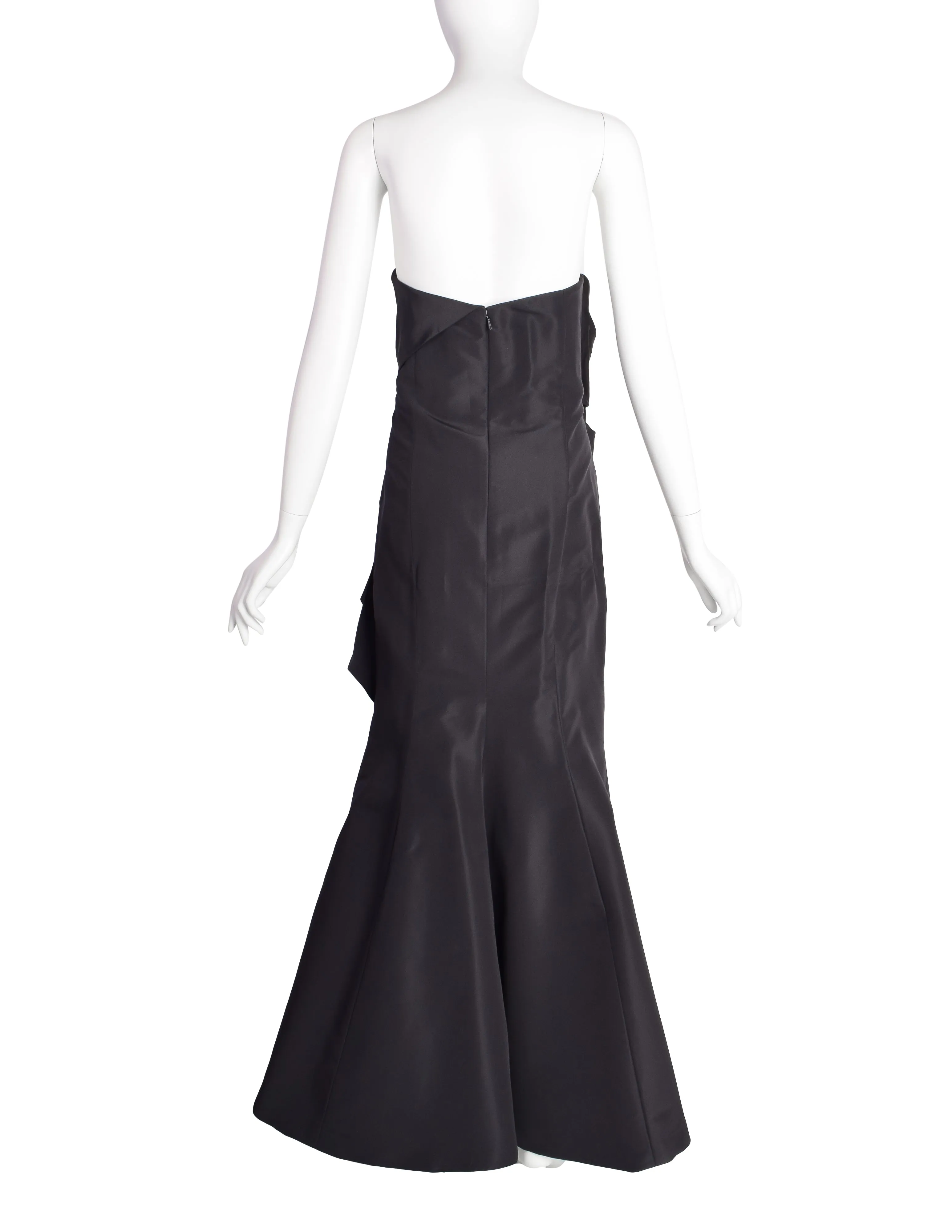 Carolina Herrera Vintage Black Silk Faille Gathered Knot Evening Gown