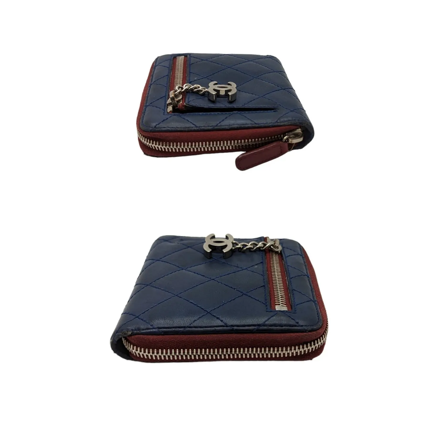 Chanel bags Blue Bicolor Quilted Maroon Trim Compact Zip Around Wallet