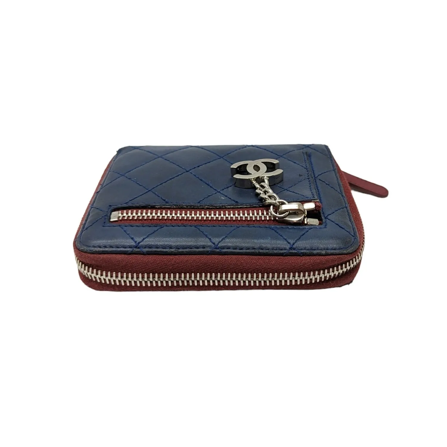 Chanel bags Blue Bicolor Quilted Maroon Trim Compact Zip Around Wallet