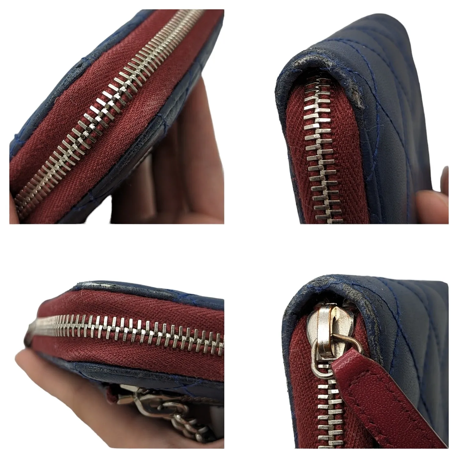 Chanel bags Blue Bicolor Quilted Maroon Trim Compact Zip Around Wallet