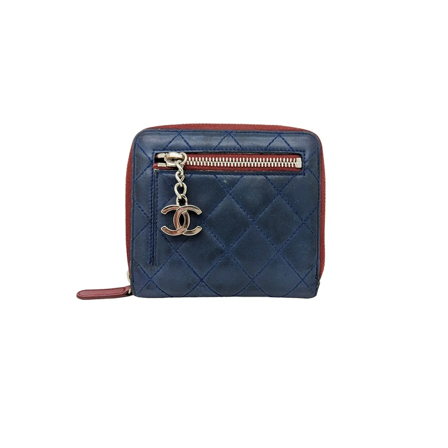 Chanel bags Blue Bicolor Quilted Maroon Trim Compact Zip Around Wallet