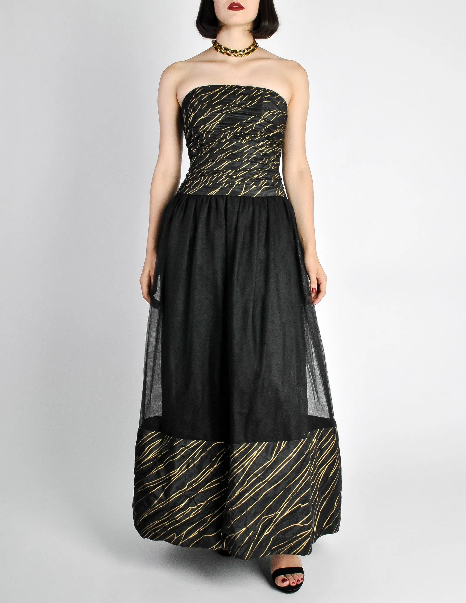 Chanel Vintage AW 1986 Black & Gold Silk Taffeta & Tulle Evening Gown