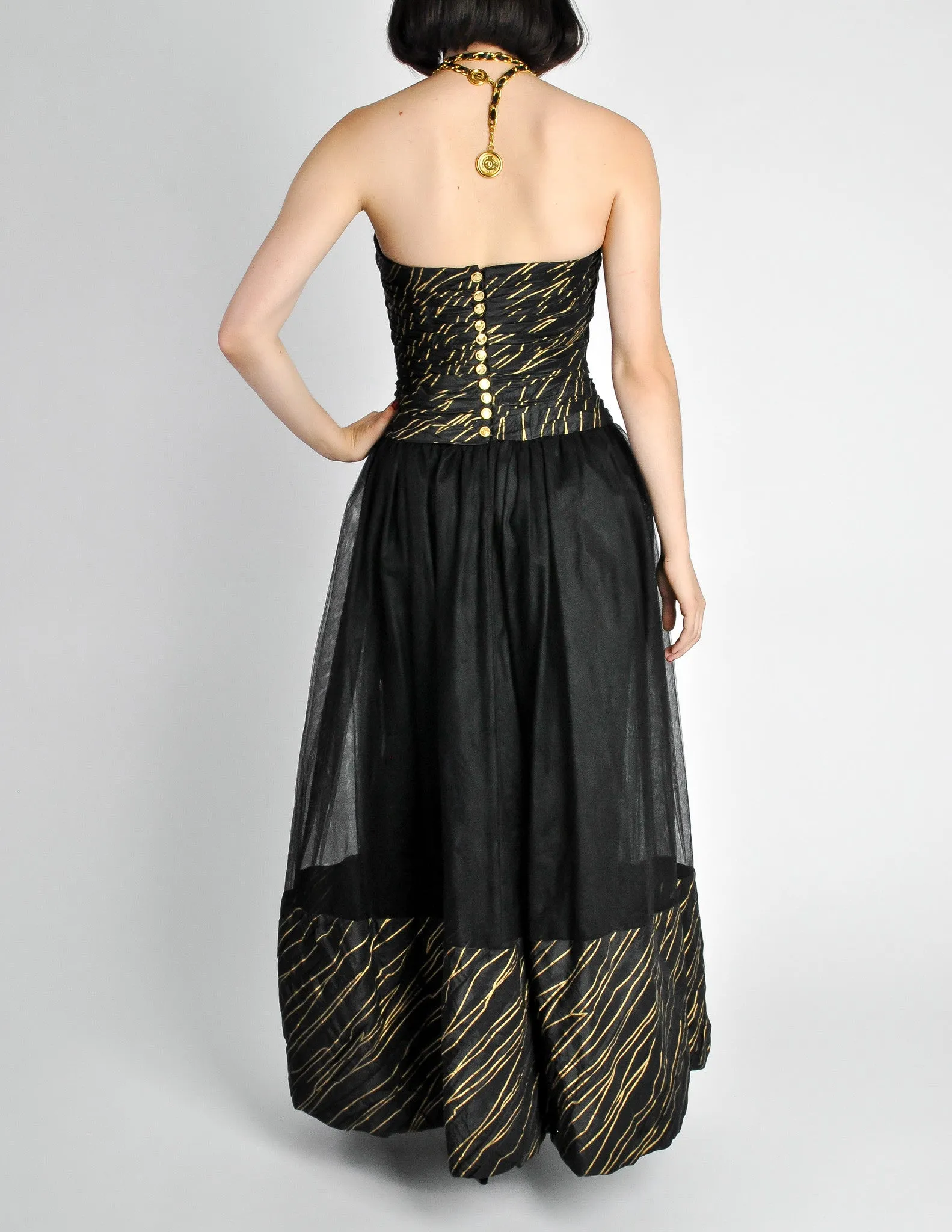 Chanel Vintage AW 1986 Black & Gold Silk Taffeta & Tulle Evening Gown