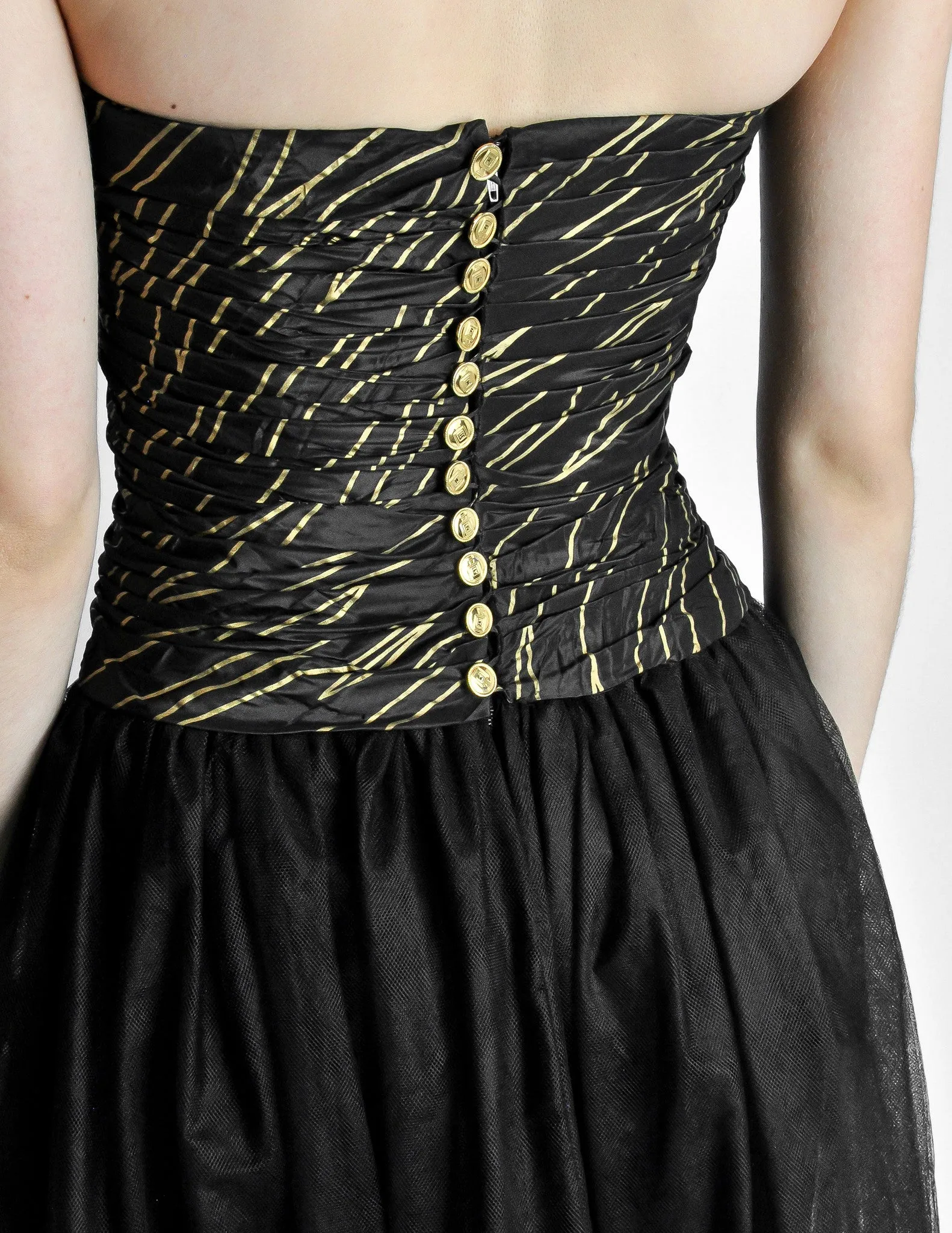 Chanel Vintage AW 1986 Black & Gold Silk Taffeta & Tulle Evening Gown