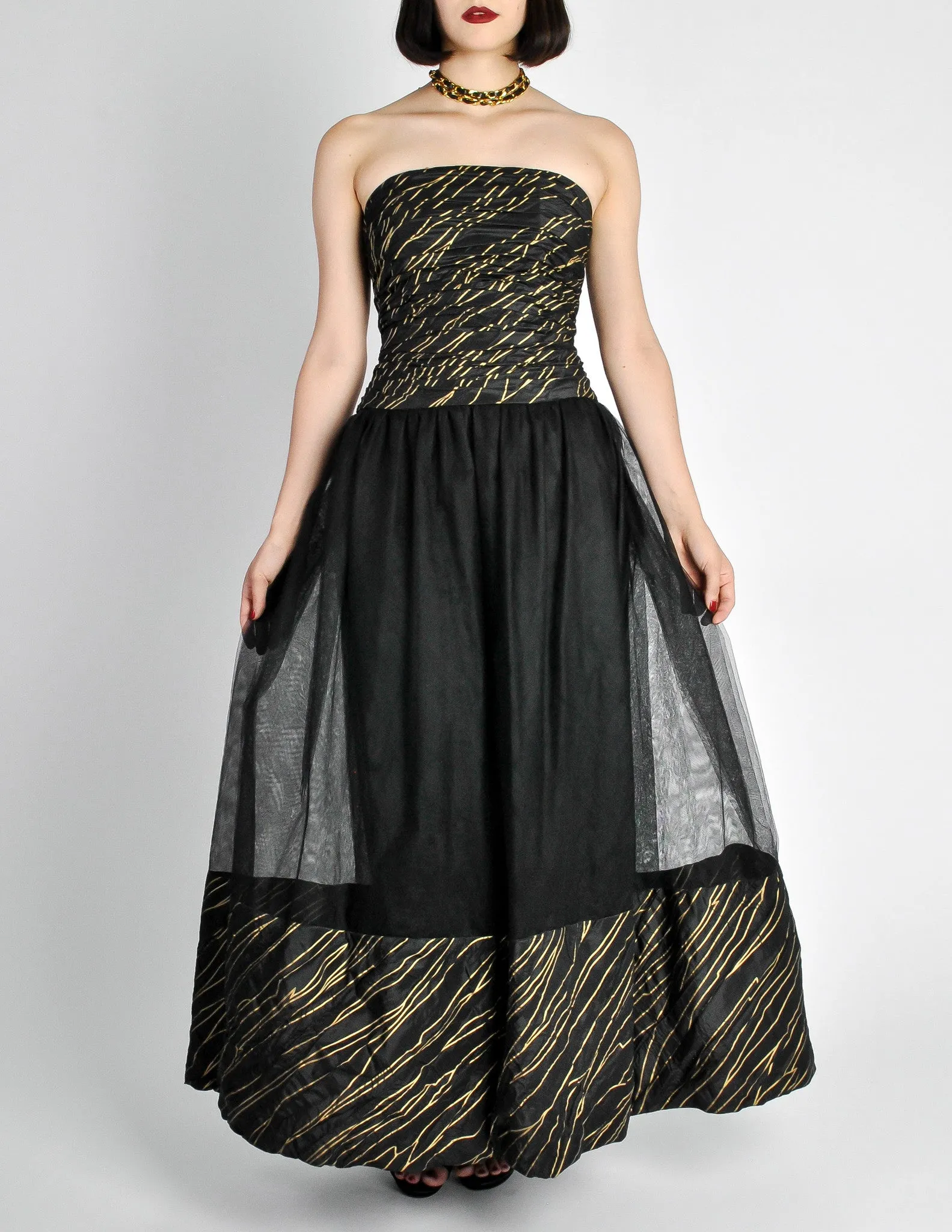 Chanel Vintage AW 1986 Black & Gold Silk Taffeta & Tulle Evening Gown