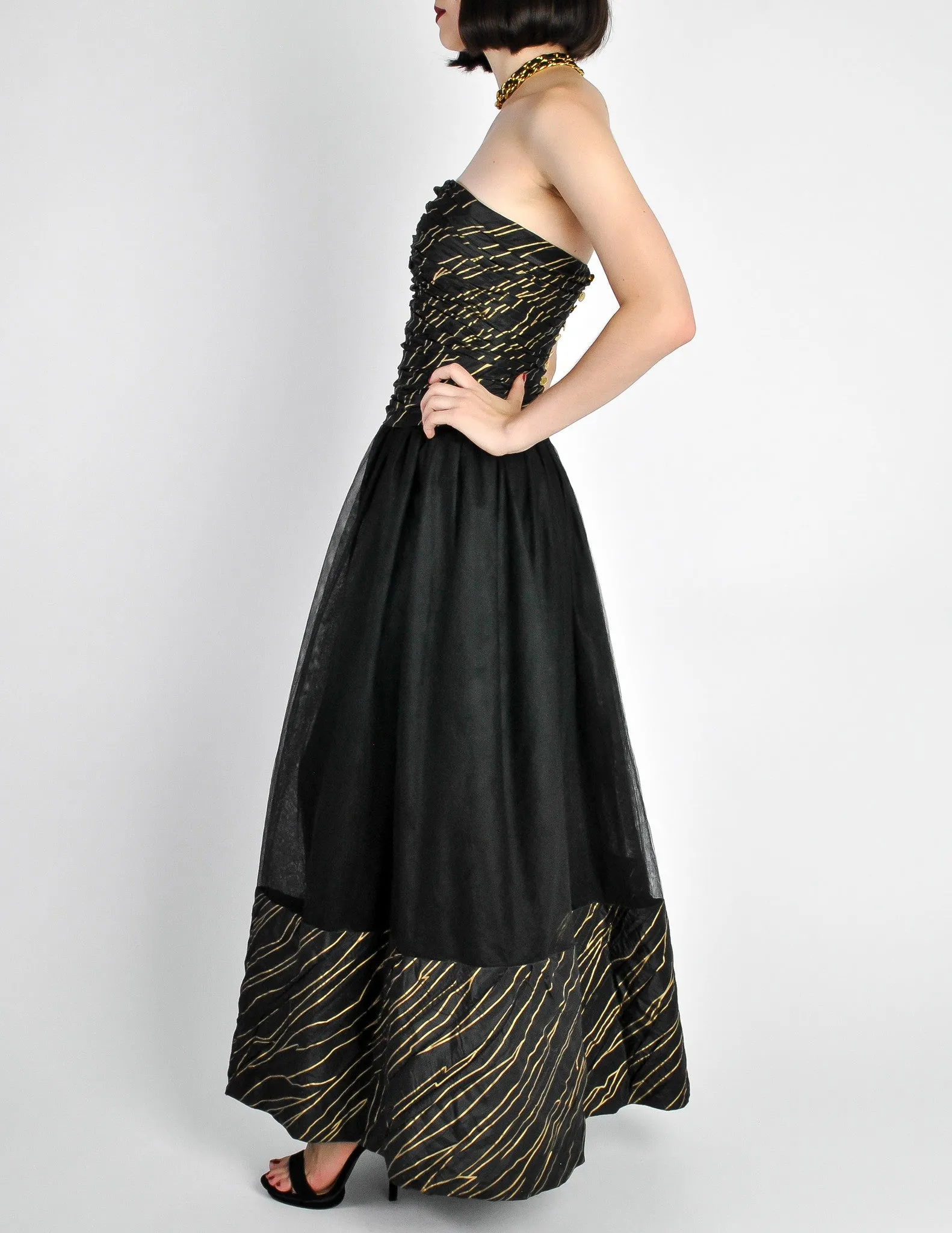 Chanel Vintage AW 1986 Black & Gold Silk Taffeta & Tulle Evening Gown