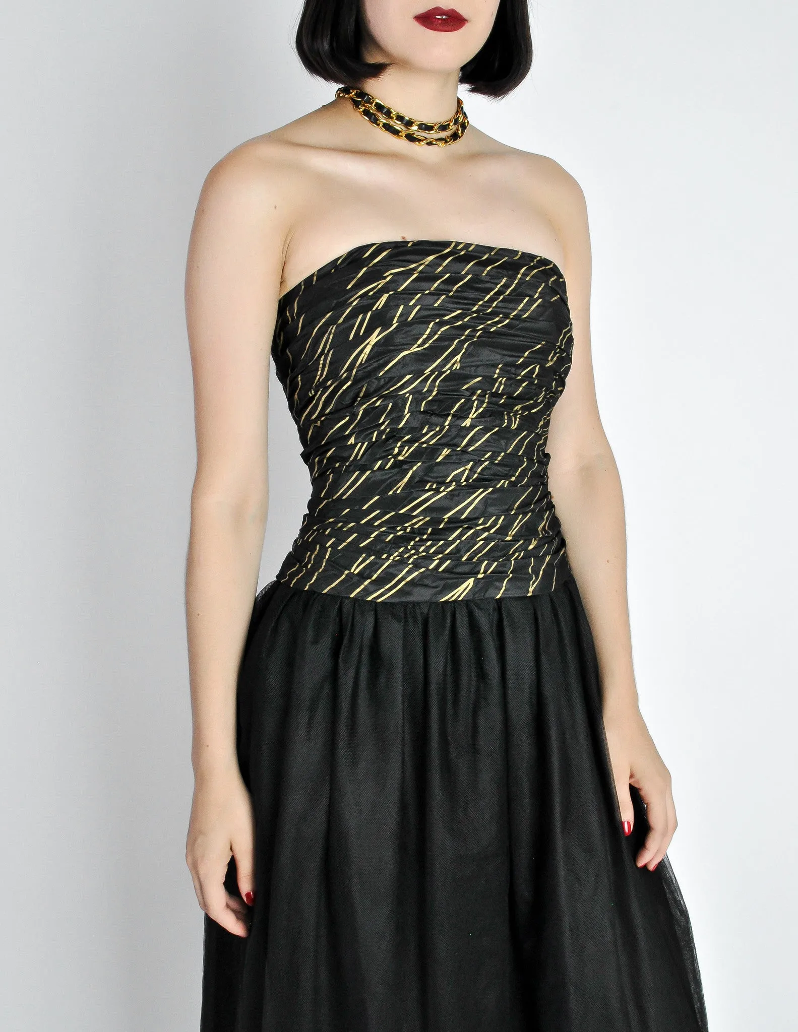 Chanel Vintage AW 1986 Black & Gold Silk Taffeta & Tulle Evening Gown