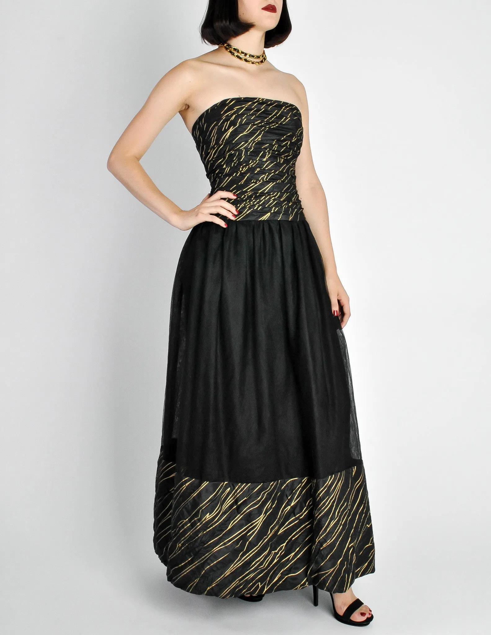 Chanel Vintage AW 1986 Black & Gold Silk Taffeta & Tulle Evening Gown