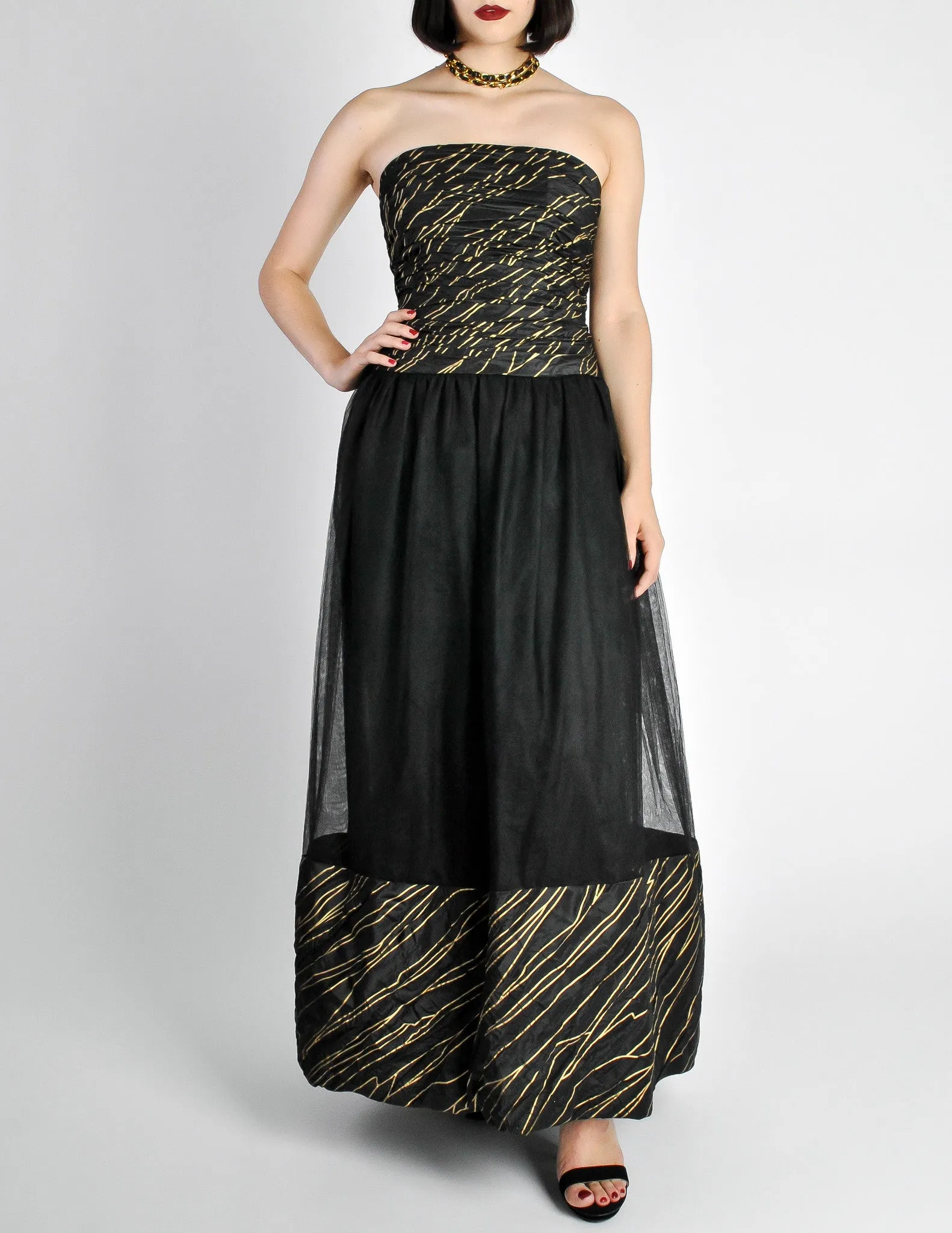 Chanel Vintage AW 1986 Black & Gold Silk Taffeta & Tulle Evening Gown
