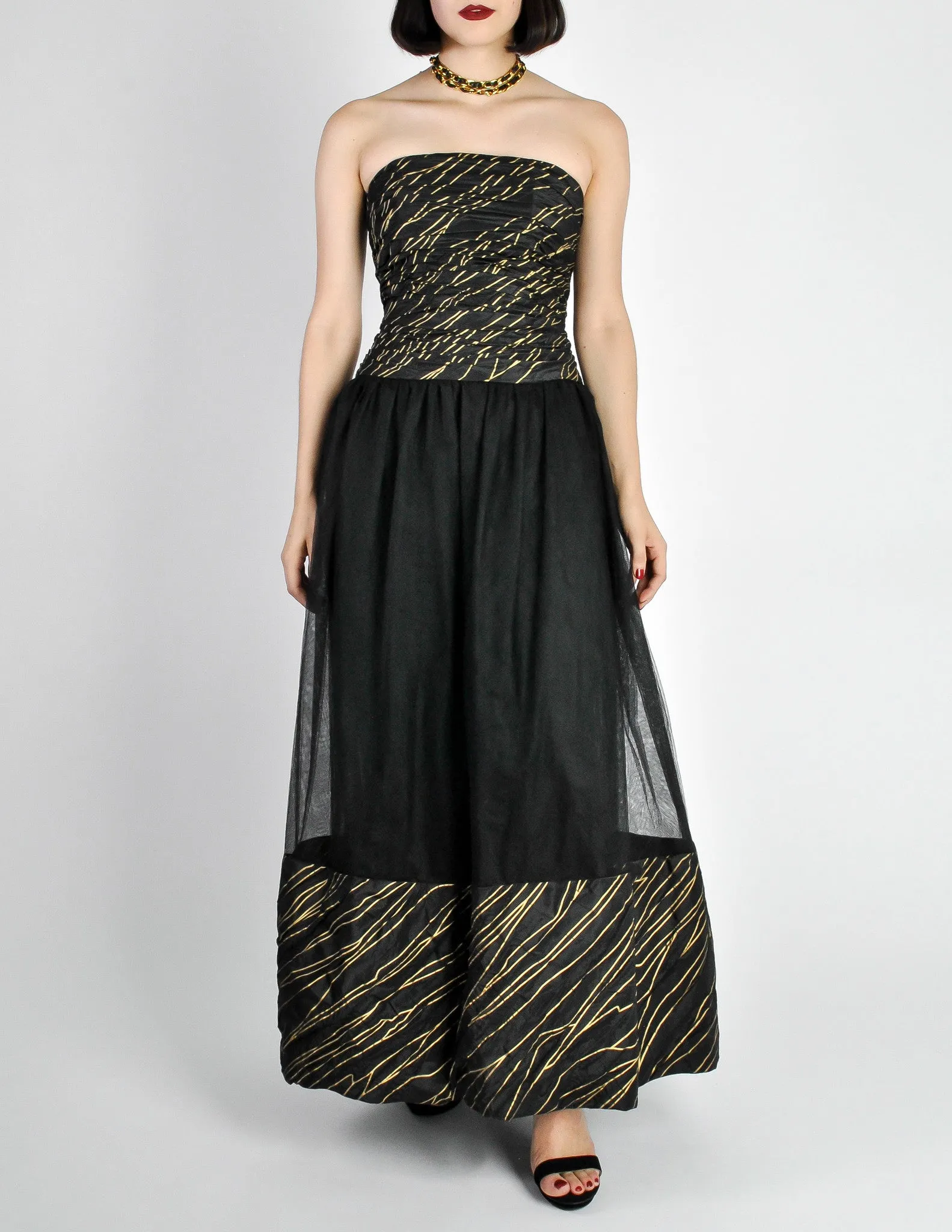 Chanel Vintage AW 1986 Black & Gold Silk Taffeta & Tulle Evening Gown