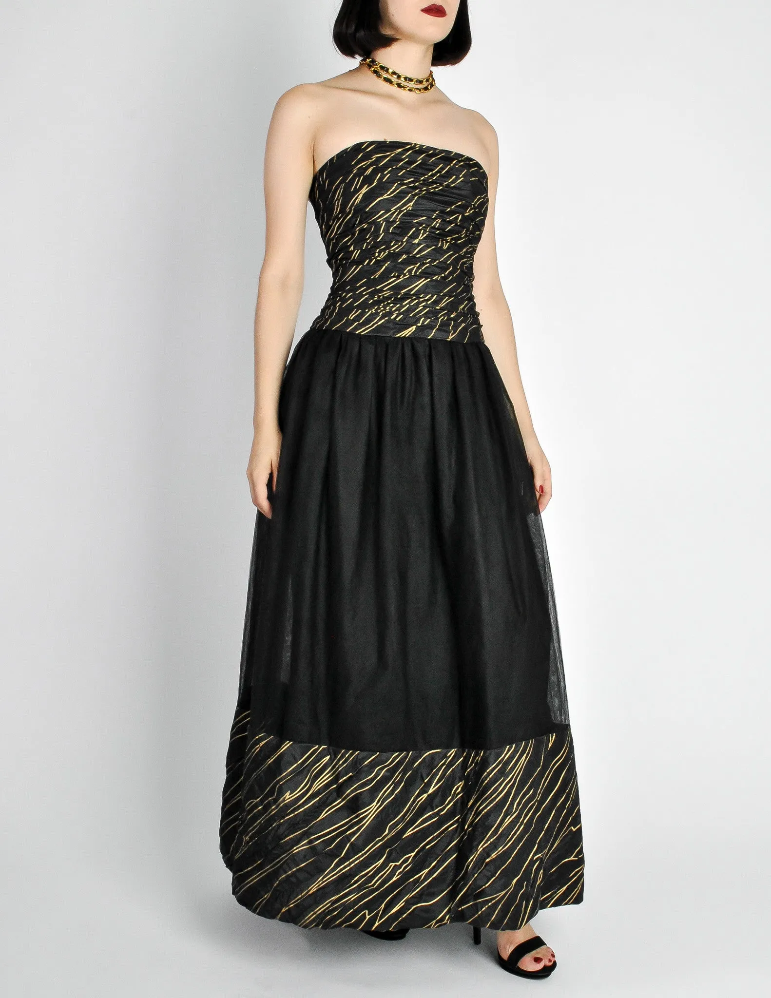 Chanel Vintage AW 1986 Black & Gold Silk Taffeta & Tulle Evening Gown