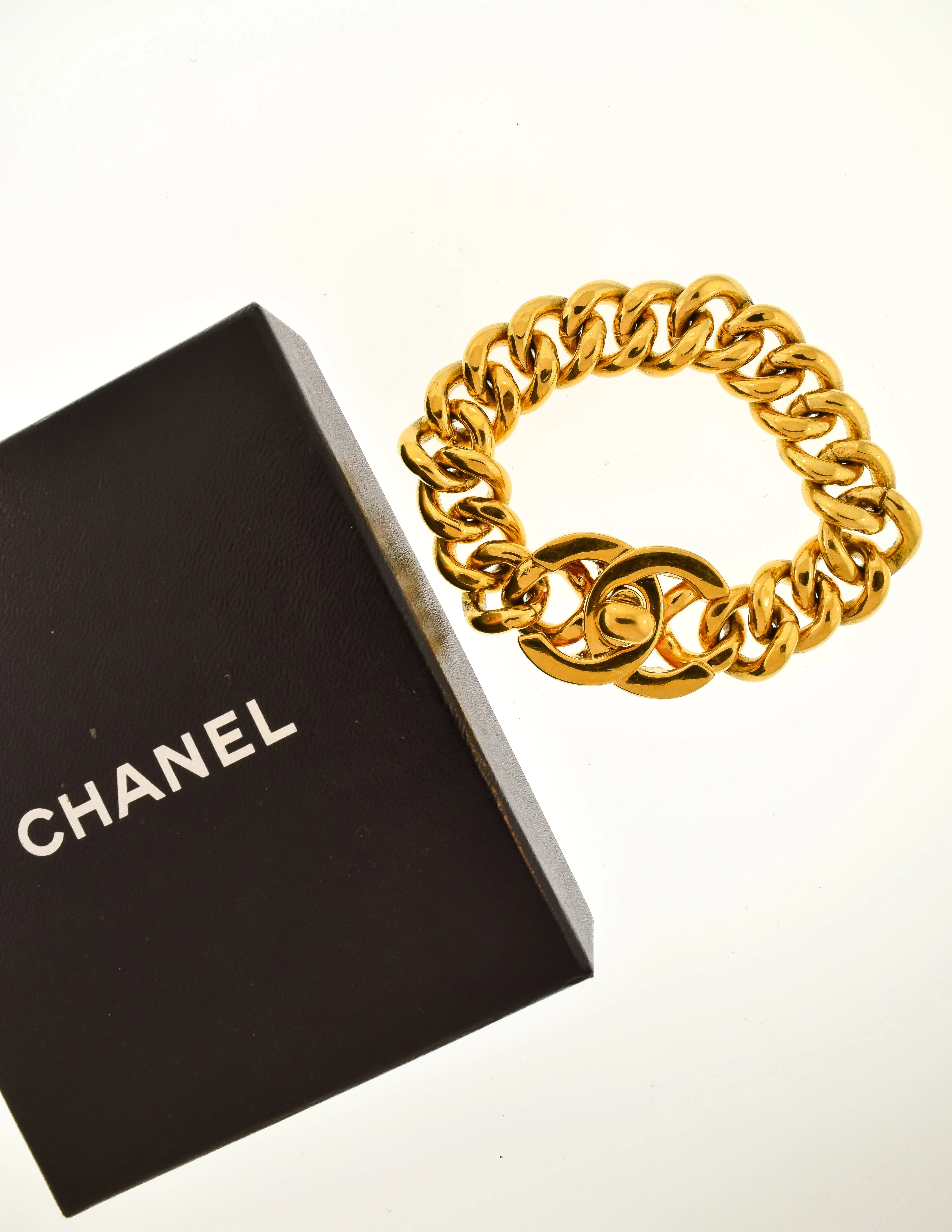 Chanel Vintage Gold CC Logo Turnlock Chain Bracelet
