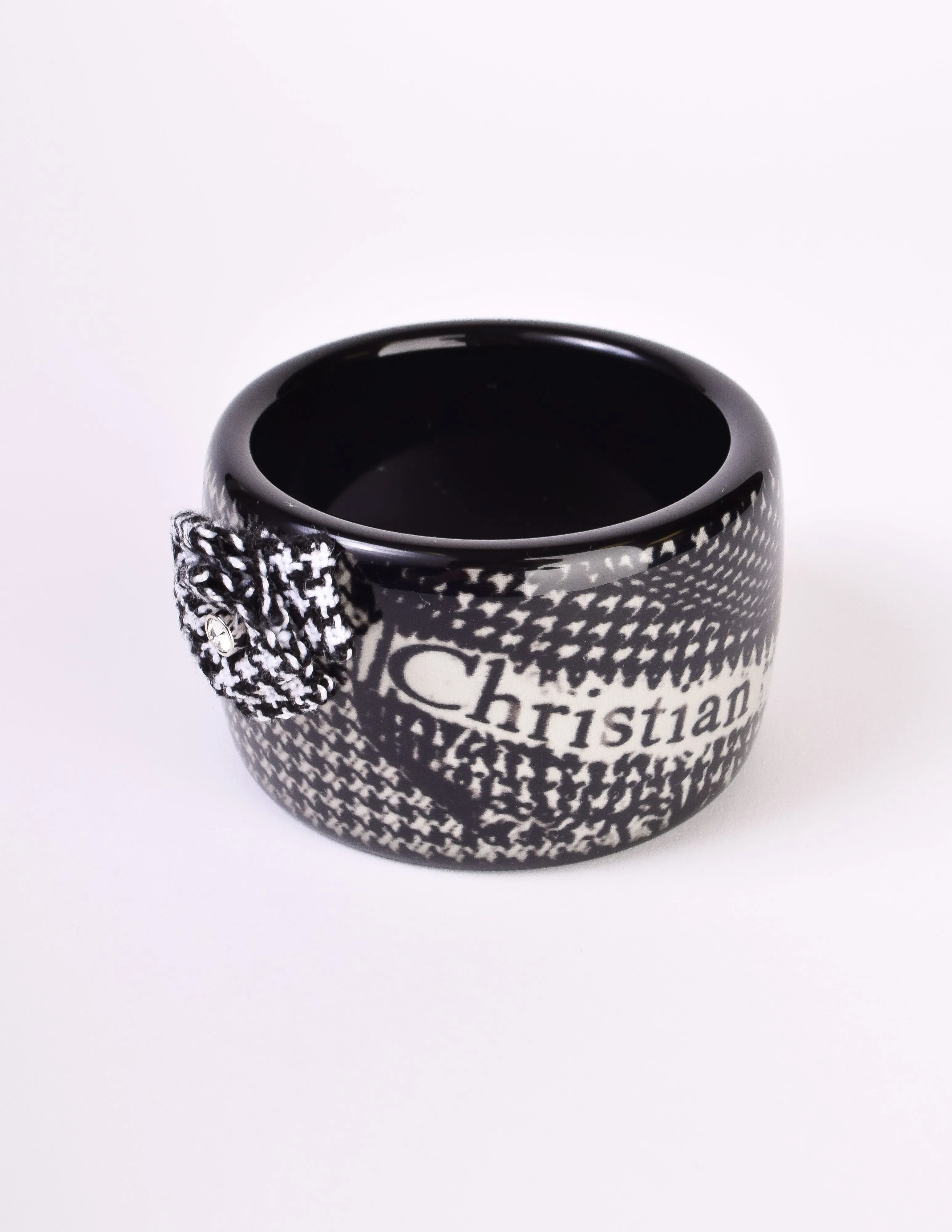 Christian Dior Vintage Black and White Houndstooth Resin Bangle Bracelet
